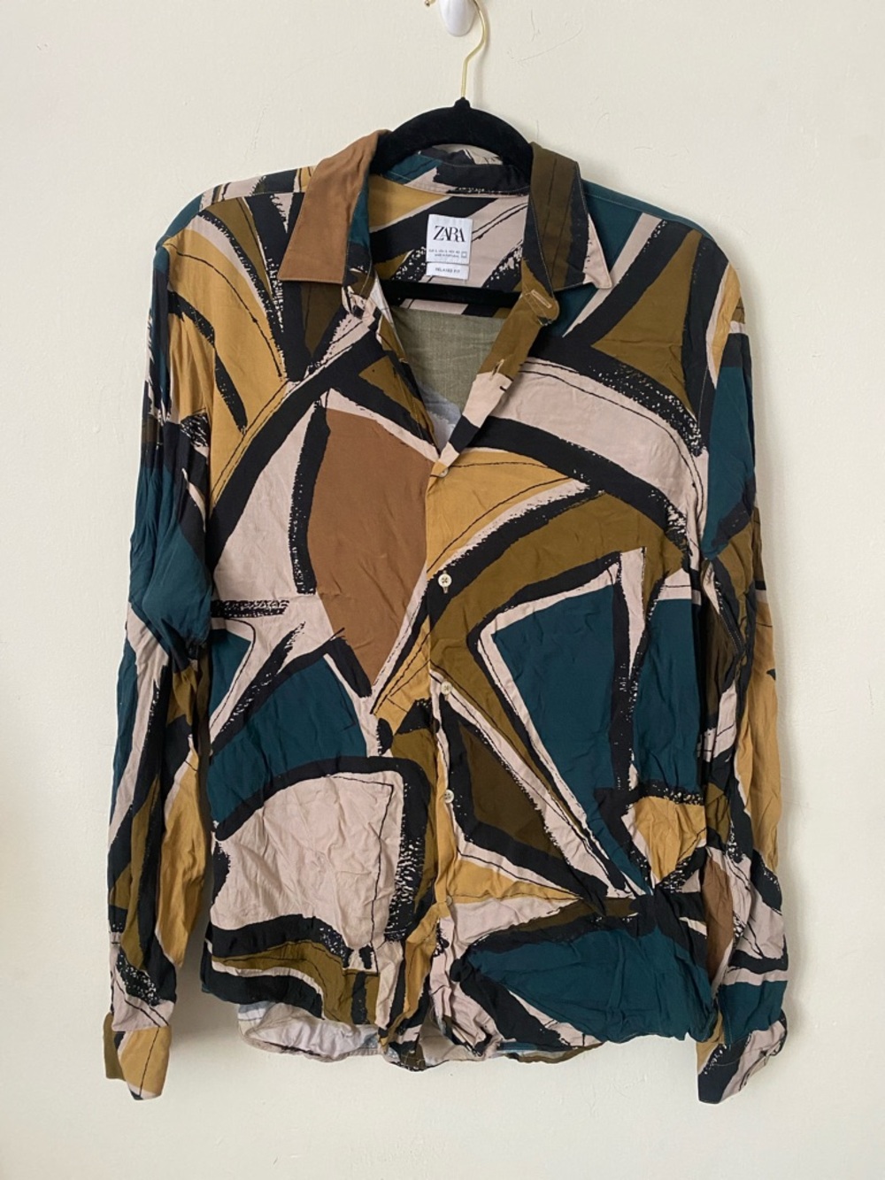 ZARA Multicolor Abstract Button-Down Shirt - Teal, Brown, Beige
